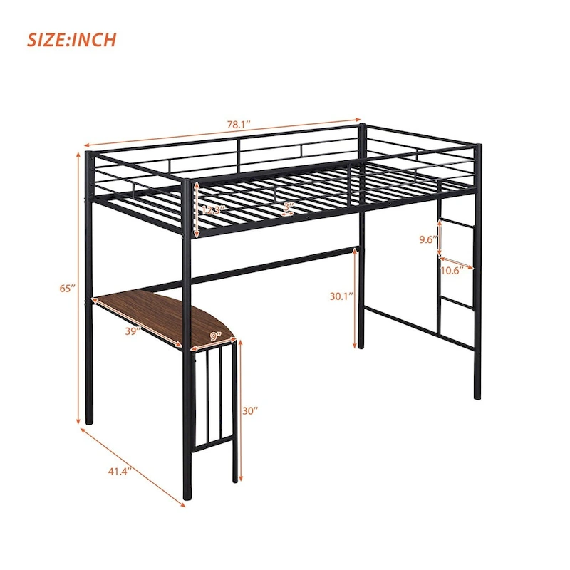 Merax Twin Metal Loft Bed with Desk, Ladder, and Guardrails