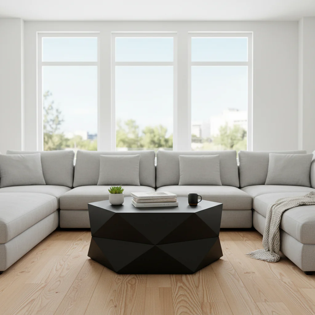 Black Solid Wood Hexagonal Coffee Table With Storage