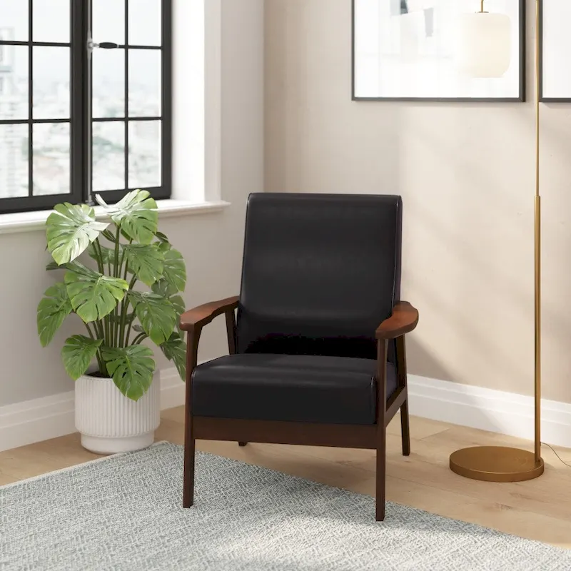 Mid-Century  Armchair with Wooden Frame and Faux Leather Cushions