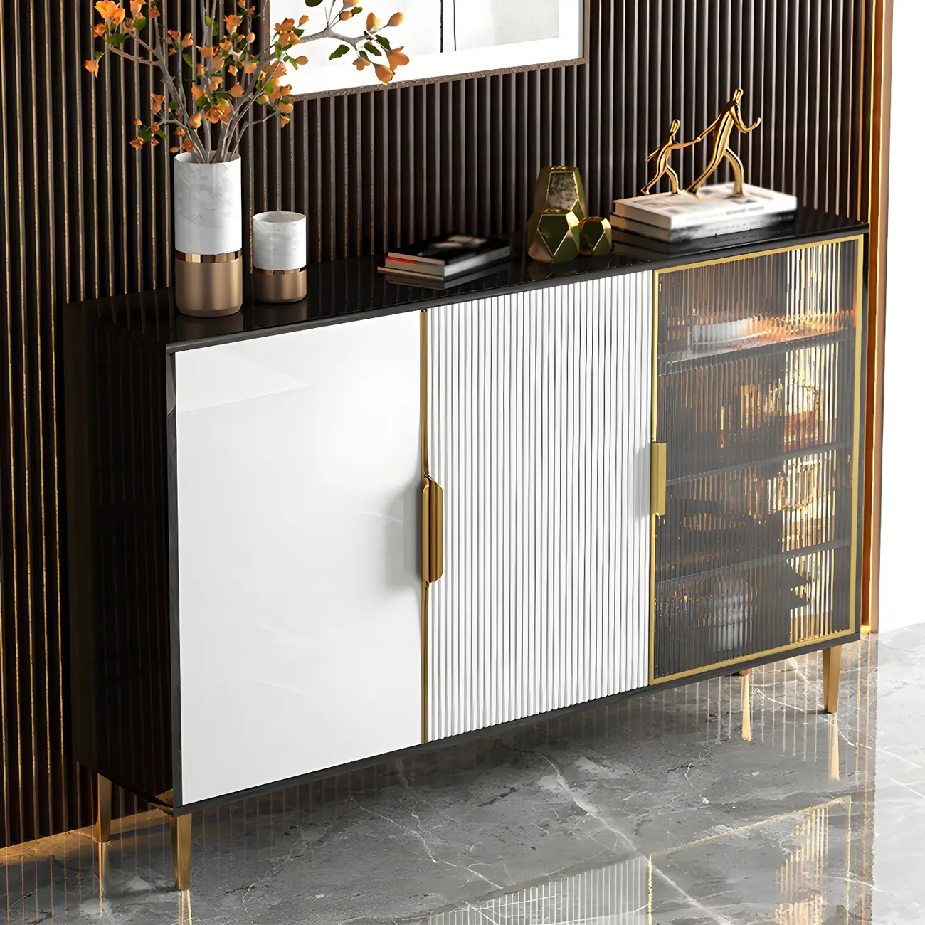 Glam High Gloss Wooden Buffet Sideboard with Cabinets