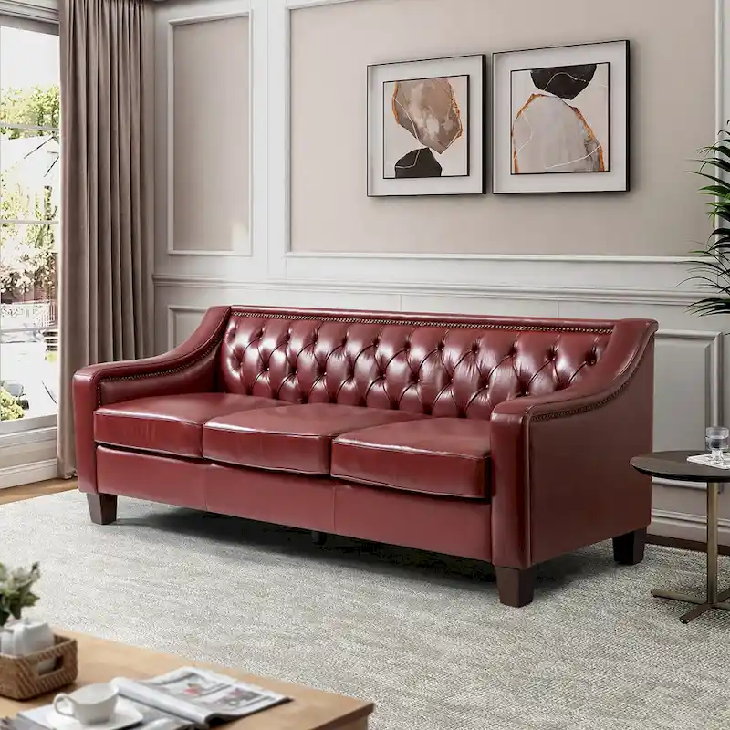 Mateo 82.28 Wide Transitional Genuine Leather Sofa with Nailhead Trim and Button-Tufted Back