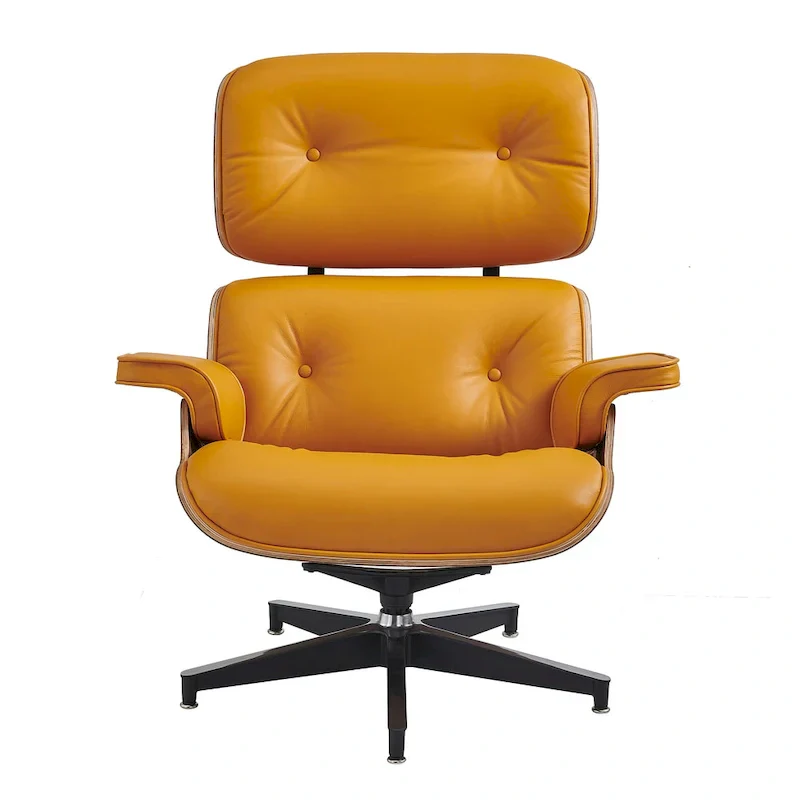 Mid-century Modern Lounger Real Leather Arm Chair and Ottoman Set