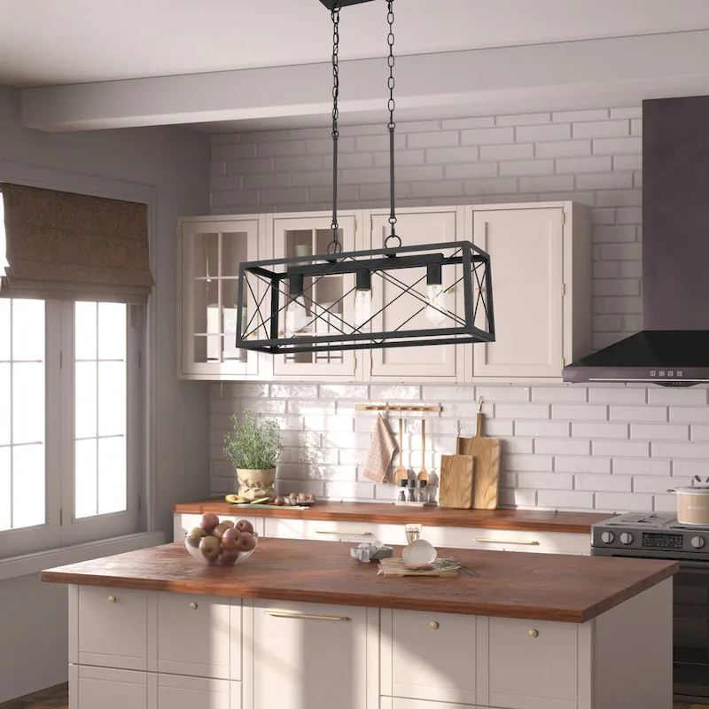 Farmhouse Industrial 3-light Rectangle Grid Kitchen Island Pendant - 25 inches