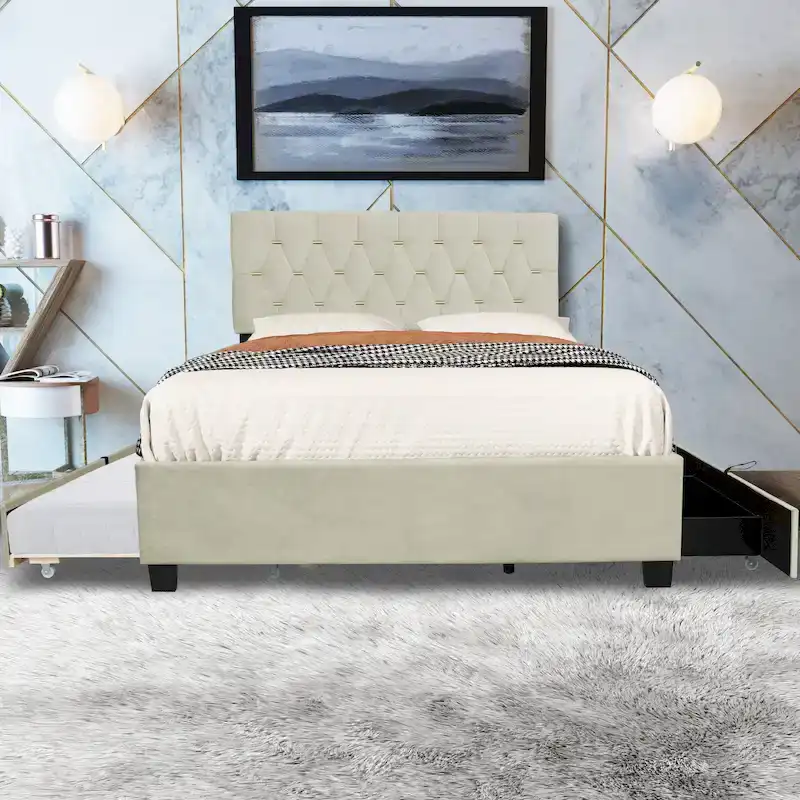 Queen Size Platform Bed with Gold Tufted Headboard, Trundle & Storage (600lb Capacity)