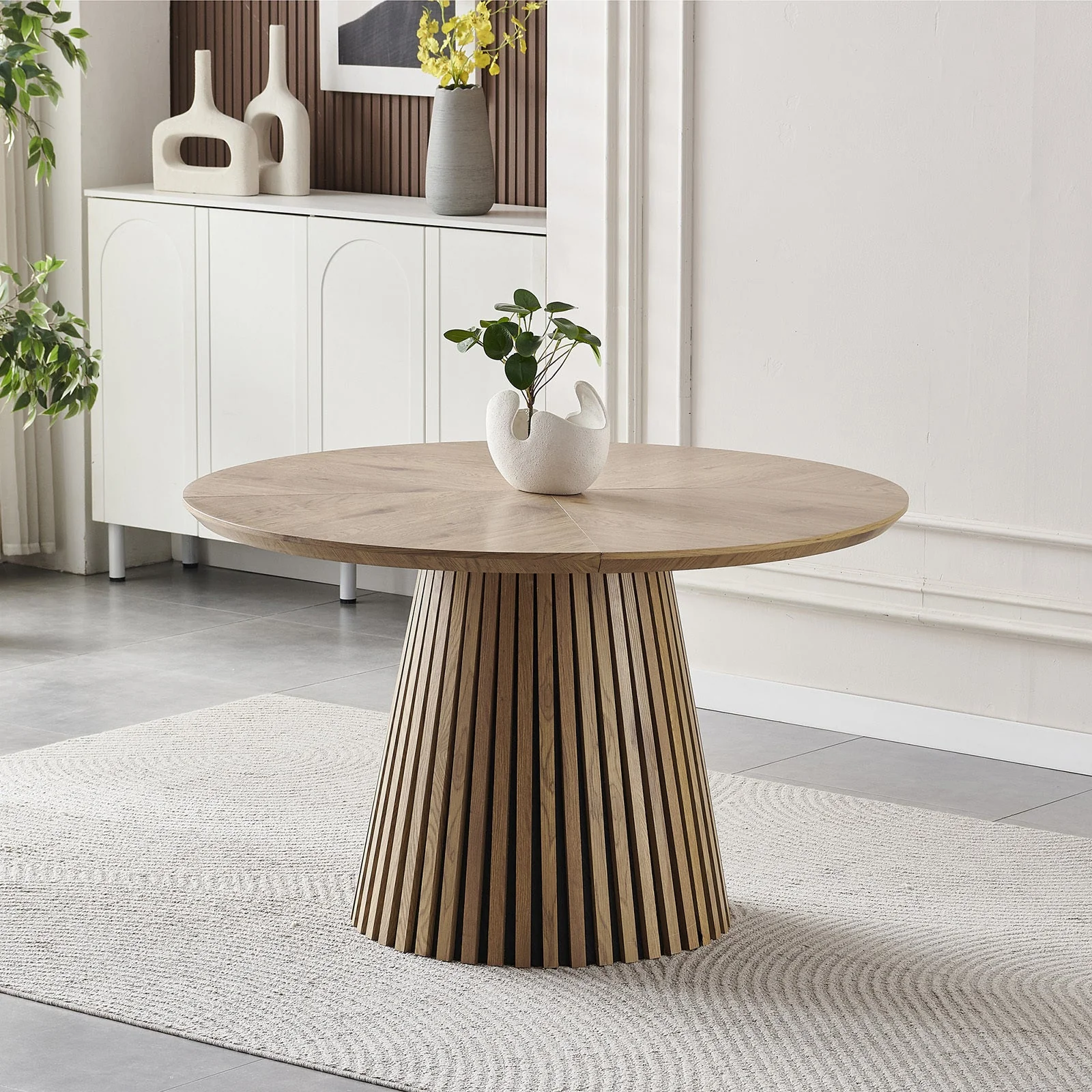 Modern Round Reeded Wooden Dining Table