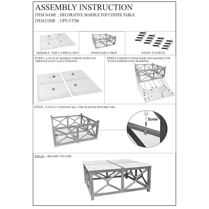 Agas Coffee Table, 40 Inch Square White Genuine Marble Top, Sandblasted Washed Ash Gray Mango Wood Geometric Frame
