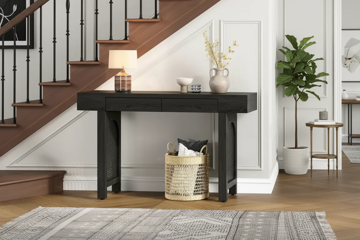 Narrow Console Table with 2 Drawers – Antique Black