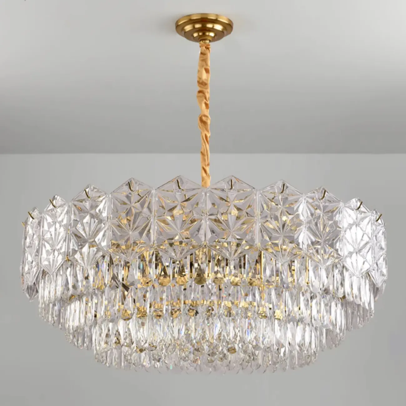 Modern Tier Gold Crystal Drum Chandelier Height Adjustable