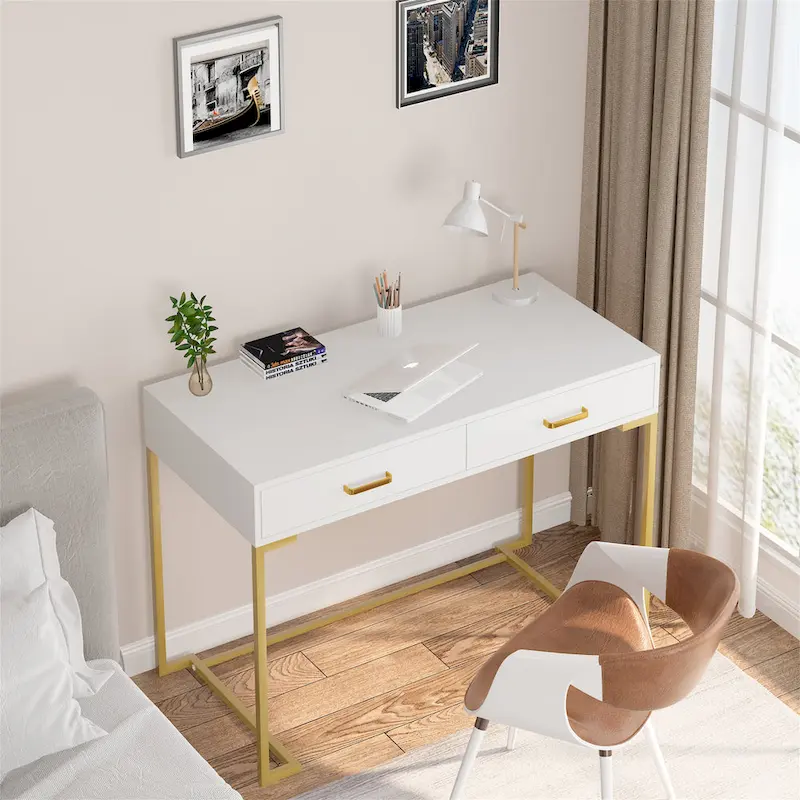 Computer Desk with 2 Drawers, ModernStudy Writing Table with Storage for Home Office