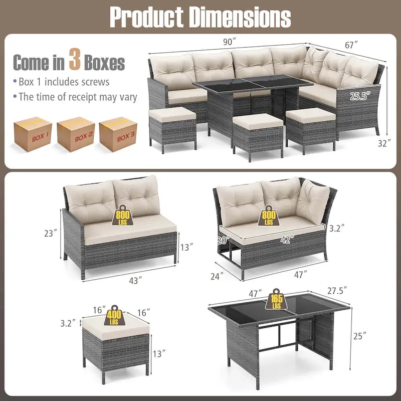 Gymax Set of 7 Dining Furniture Set PE Rattan Sectional Sofa Set Patio