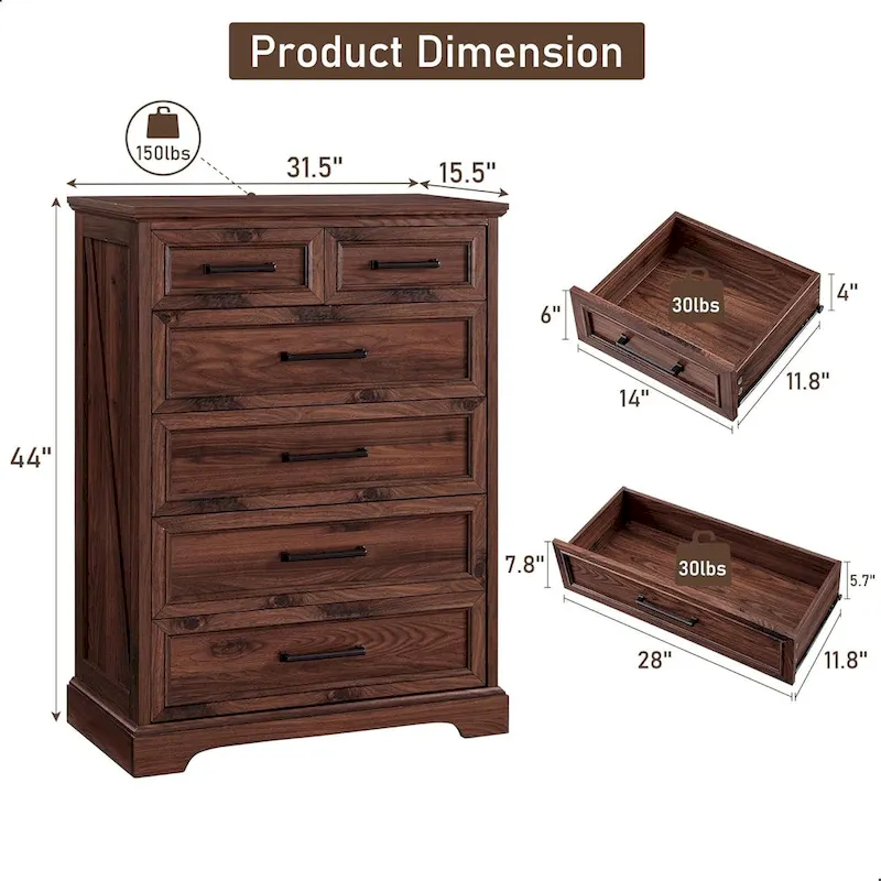 Farmhouse 6 Drawers Dresser Chests, Wood Rustic Chest of Drawers