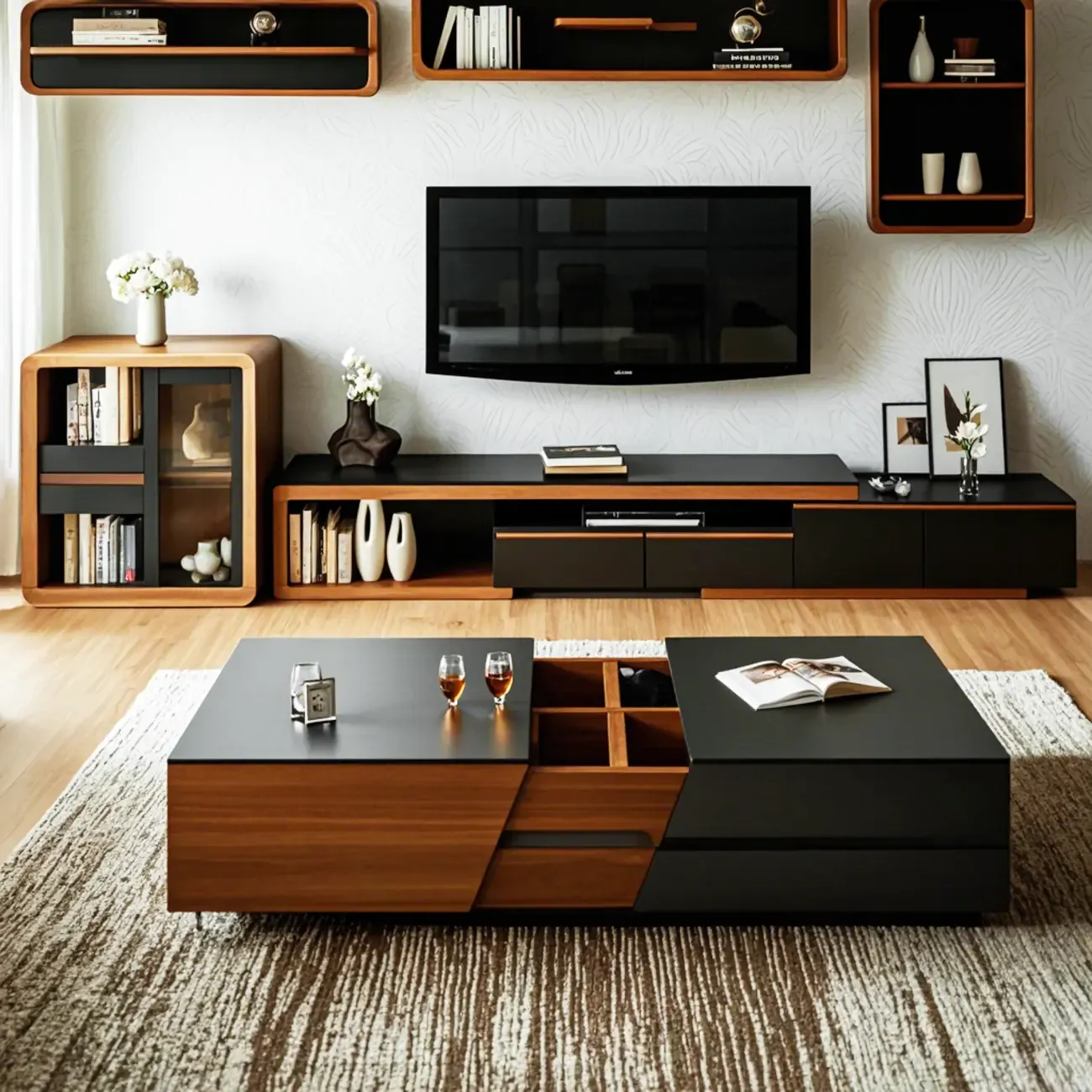 Modern Wood Lift-Top Coffee Table Cabinet, Rectangular Design