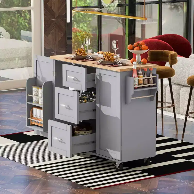 MAYEERTY Black Rolling Kitchen Island with Rubber Wood Top, 3 Drawers 2 Slide-Out Shelves Spice Rack Tower Rack