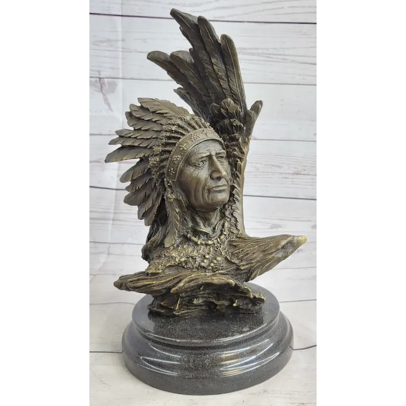 Native American Man Eagle Bronze Metal Bust Sculpture Statue On Marble Base