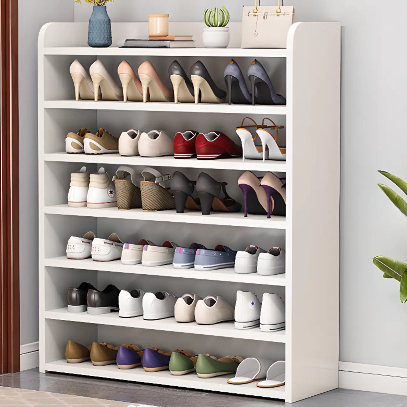 Vertical White Wooden Hallway 6-Tier Open Shoe Rack