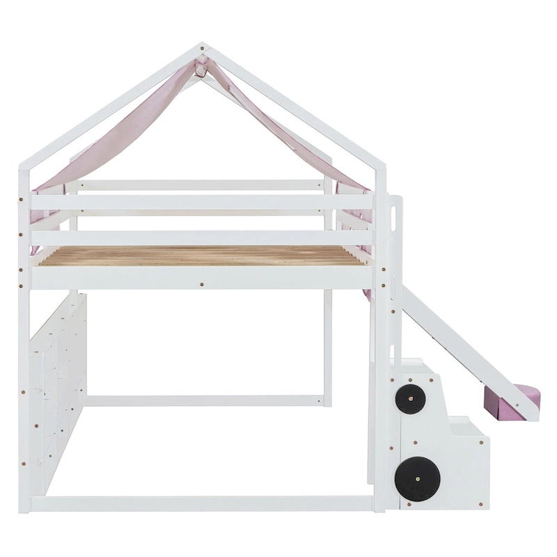Full Loft Bed with Play Tent, House Design, Slide & Ladder