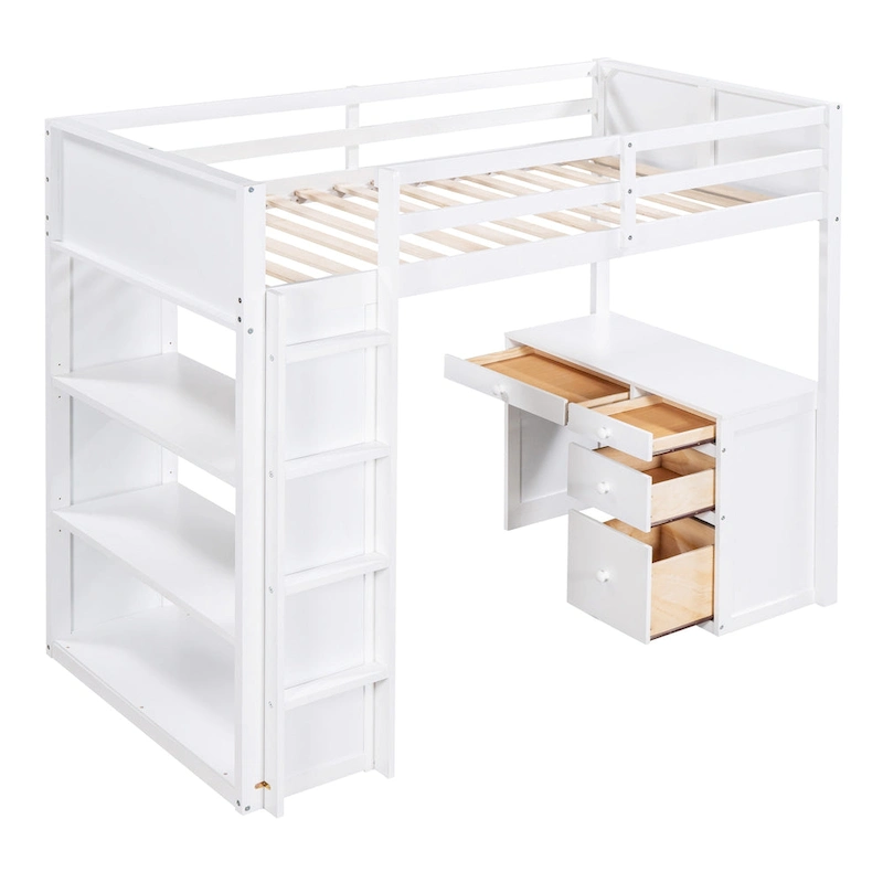 Loft Bed with Ladder, Shelves and Desk
