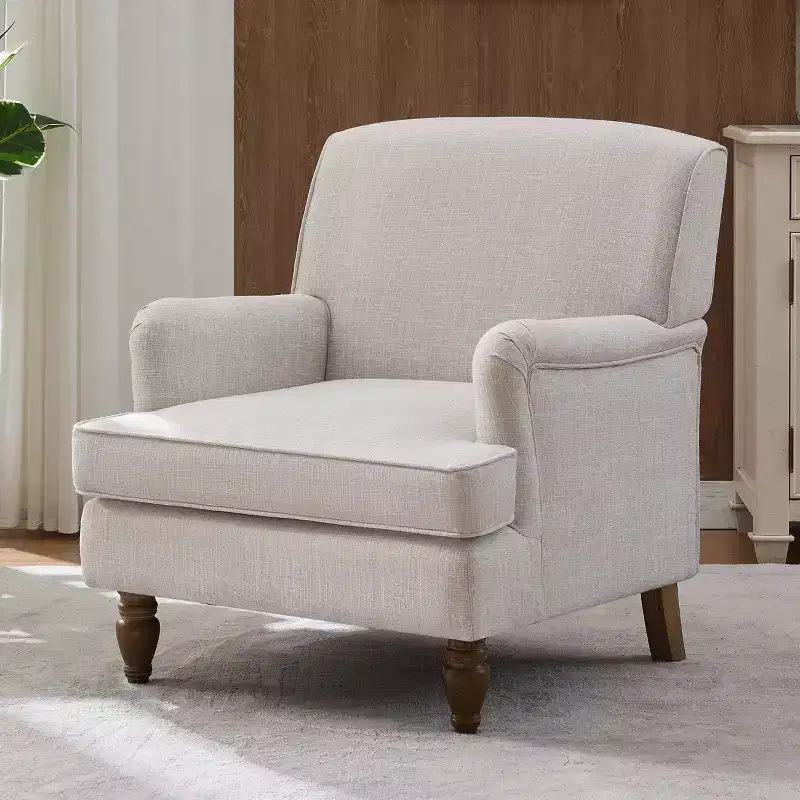 Vintage Accent Chair, Upholstered Linen Fabric Armchair with Solid Wood Legs, Single Sofa Reading Chair for Living Room, Bedroom, Beige