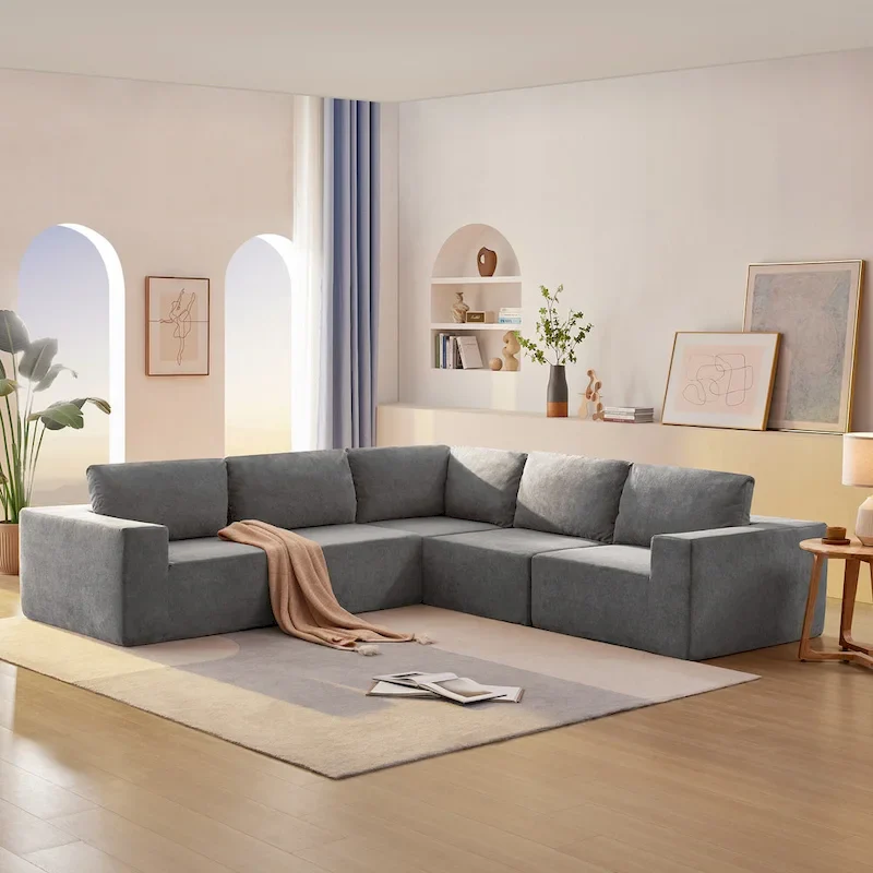 Grey 116 Modular L-Shaped 5-Seater Sectional Sofa with Plush Terrycloth Upholstery for Living Room and Bedroom Comfort