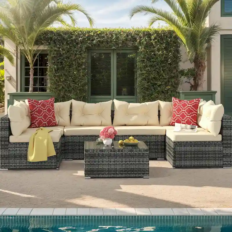 Moasis 7 Piece Patio Conversation Set Outdoor Sectional Sofa with Cushions and Coffee Table for Garden, Balcony, Backyard