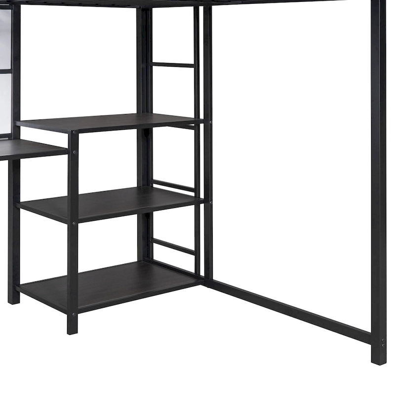 Metal Loft Bed with 3 Shelves and Ladder