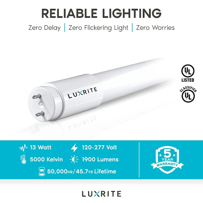 Luxrite 4FT T8 LED Tube Light, Ballast and Ballast Bypass, 13W=32W, 1800 Lumens, Damp Rated 12 Pack