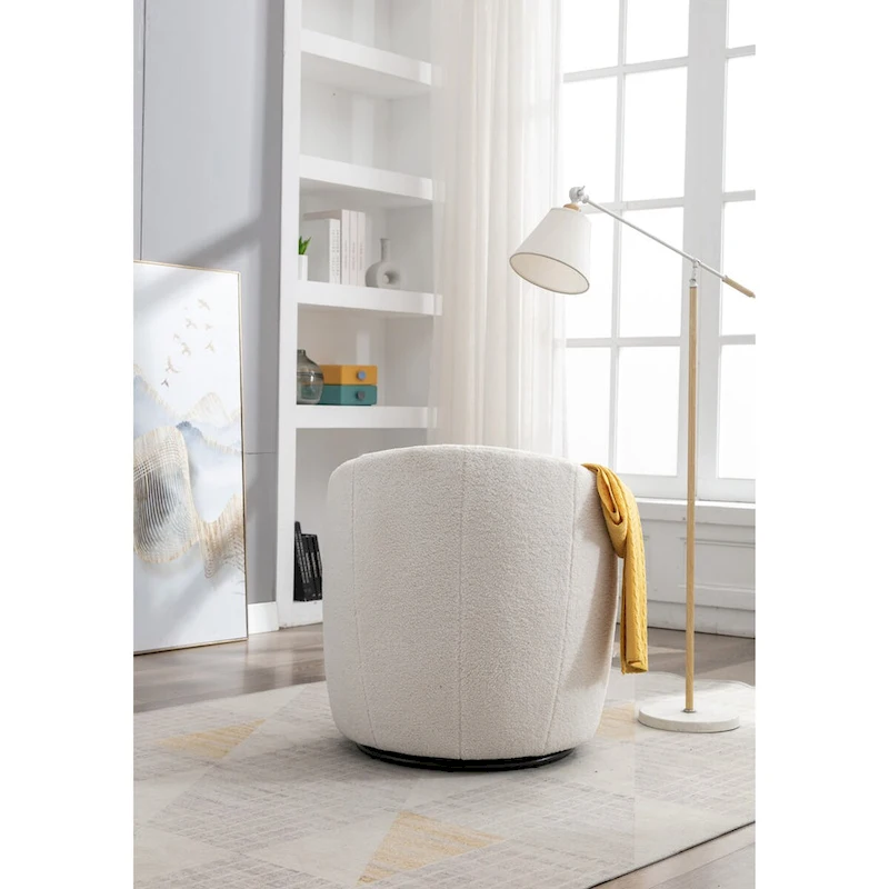 Swivel Accent Armchair Teddy Fabric Upholstered Barrel Chair with Black Point Round Swivel Metal Base