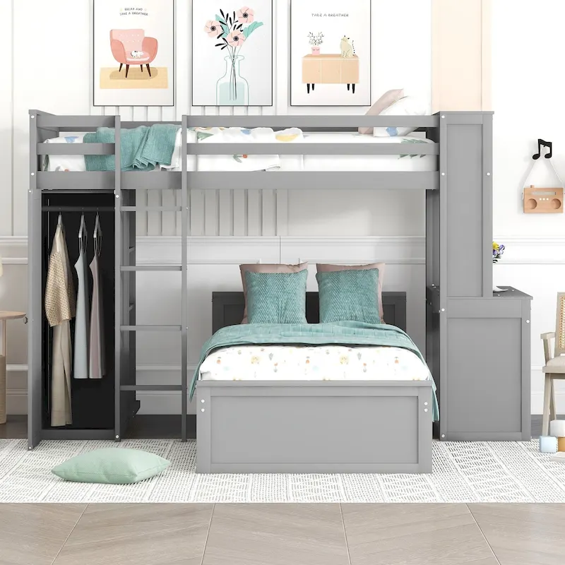 Twin size Loft Bed with a Stand-alone bed, Shelves,Desk,and Wardrobe