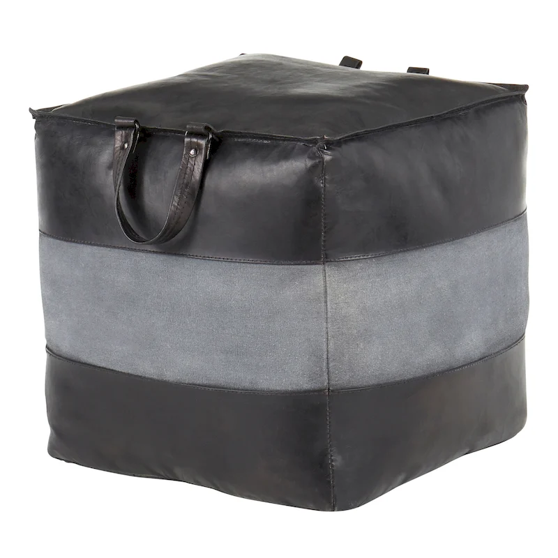 Carbon Loft Najah Industrial Pouf Ottoman in Leather and Canvas