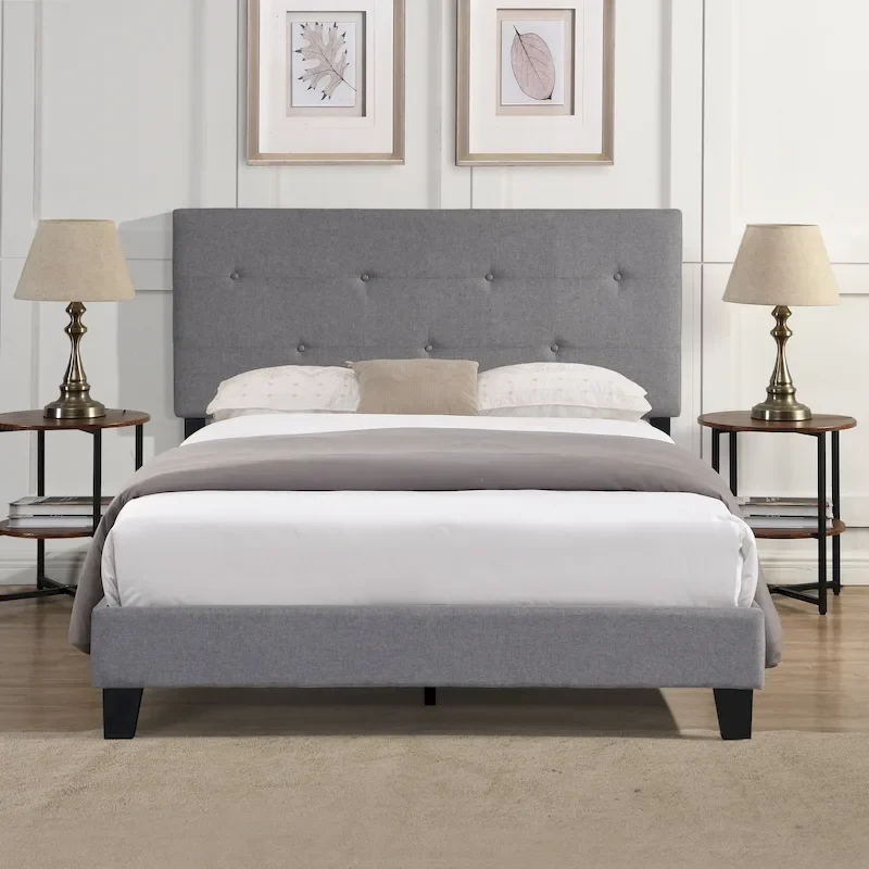Gray Queen Upholstered Platform Bed with Linen Fabric Headboard & Slat Support