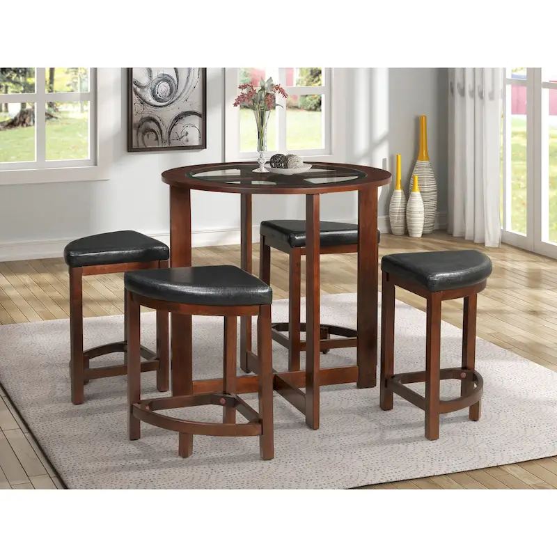 5 Piece Round Counter Height Dining Set in Solid Wood with Glass Table Top