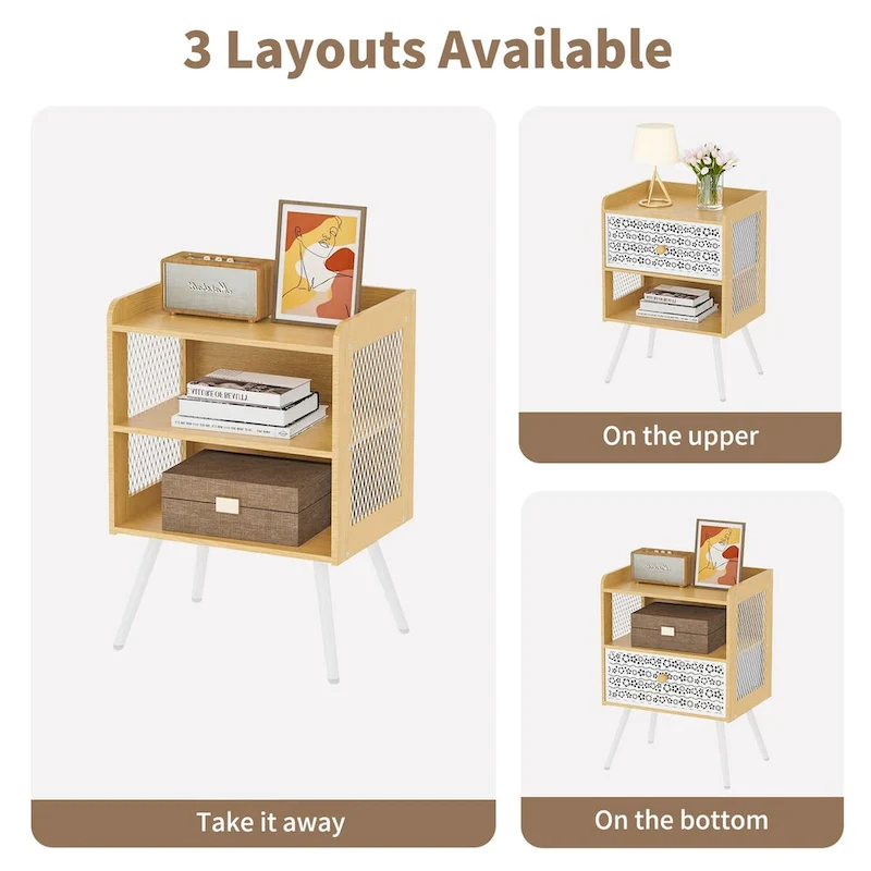 Wooden Bedside Table With Metal Legs Nightstand Set Of 2