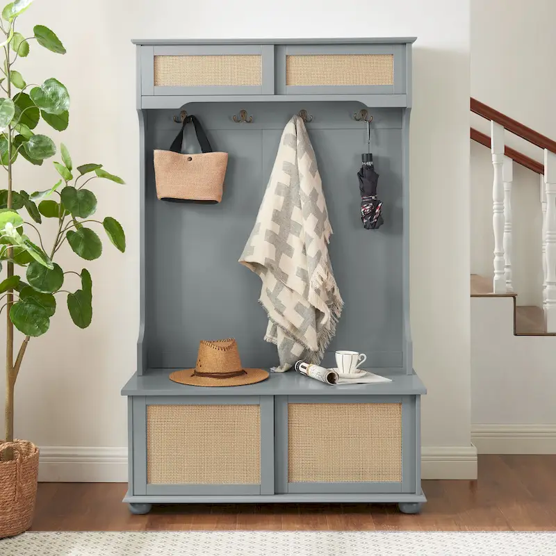 Hall Tree Entryway Bench with Rattan Door and Shoe Cabinets