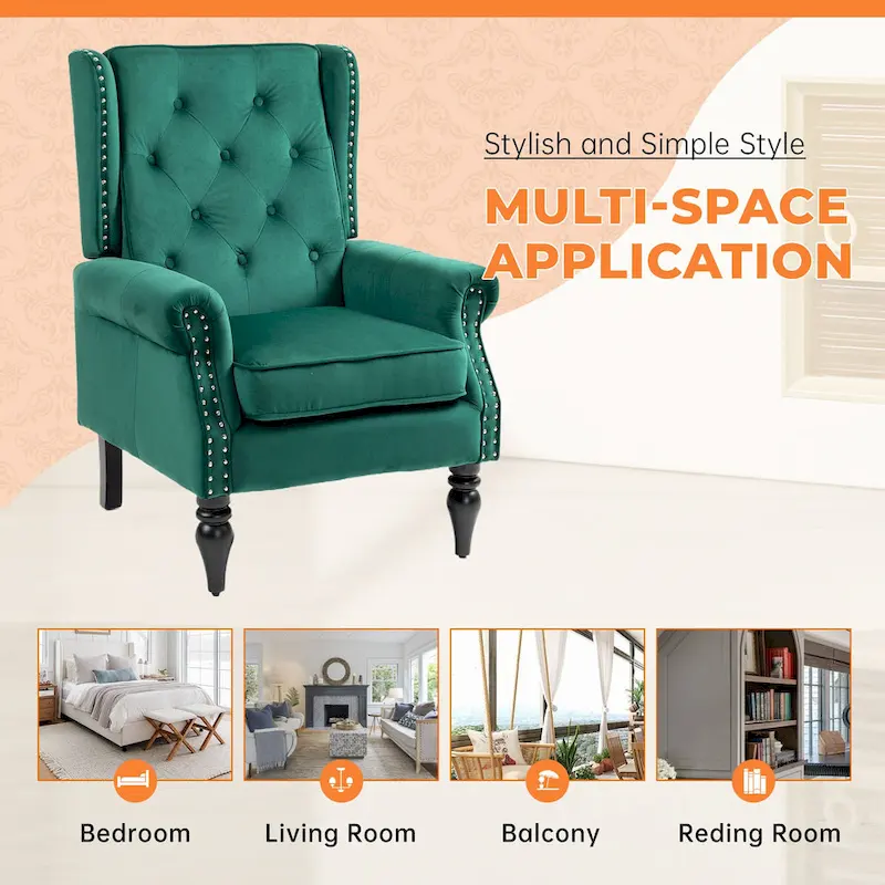 Mid-Century Velvet/Leather Upholstered Tufted Wood Frame Armchair