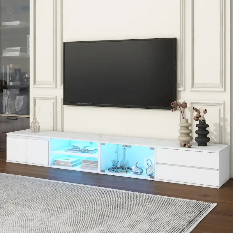 Modern TV Stand for TVs Up to 105,Tempered Glass Doors,Entertainment Center with 2 Drawers & Cabinets for Living Room