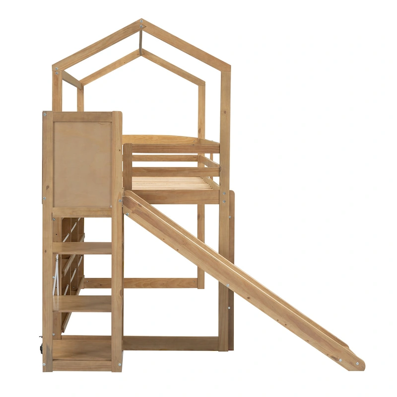 Wood Twin Wood House Loft Bed with Slide