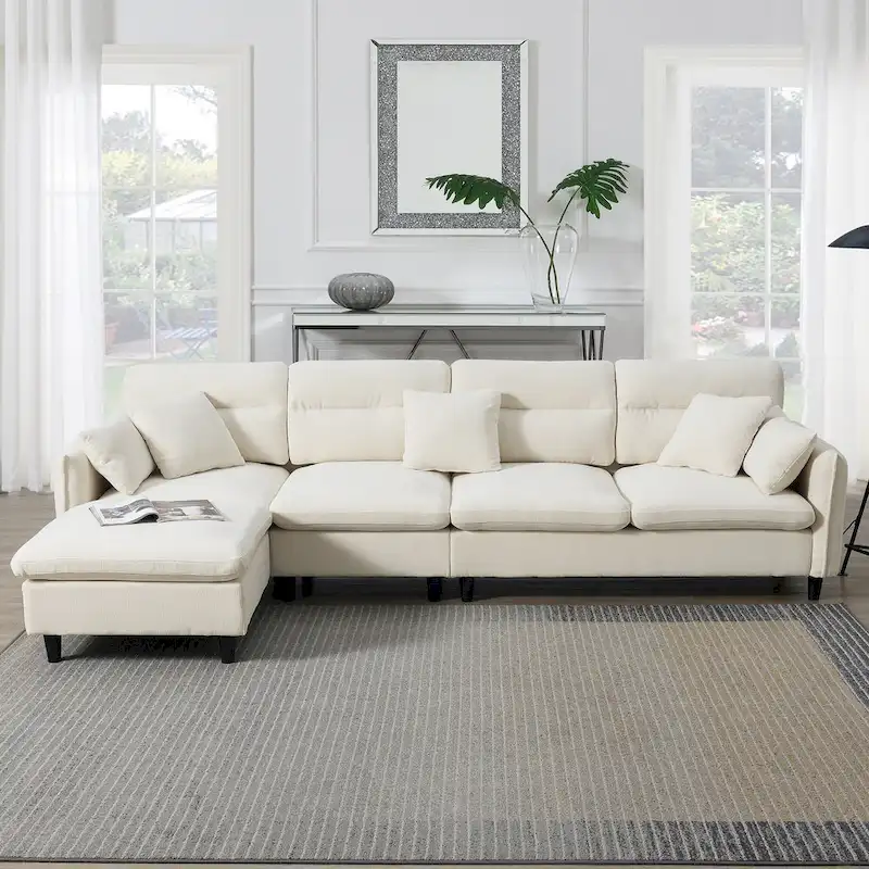 110  Modern L-Shaped Convertible 5-Seat Sectional Sofa with Removable Ottoman and 5 Cushions, Plush Chenille Fabric