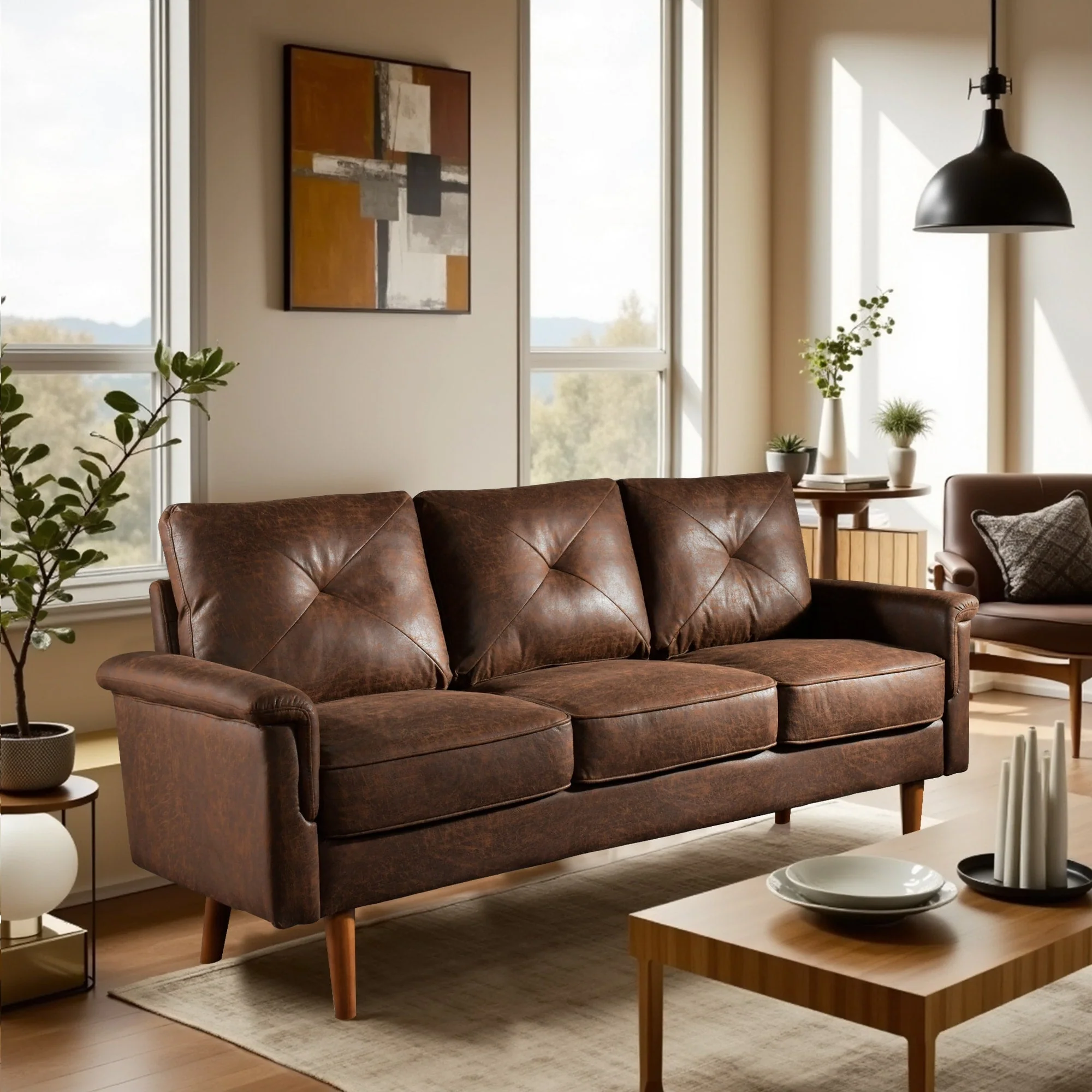 HOOOWOOO Mid-Century 3-Seat Upholstered Sofa with Wood Legs for Living Room