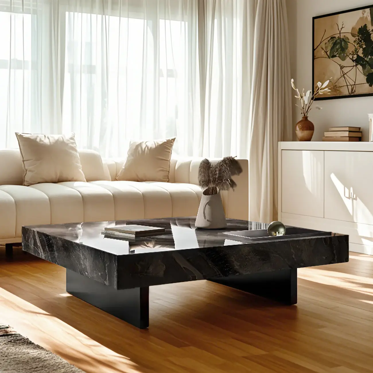 Modern Low Stone Square Coffee Table with Double Pedestal