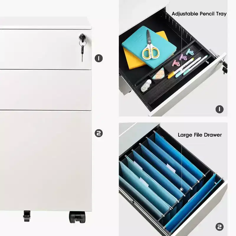 DEXYLLO Locking File Cabinet, 3 Drawer Rolling Pedestal Under Desk Office, Fully Assembled Except Casters