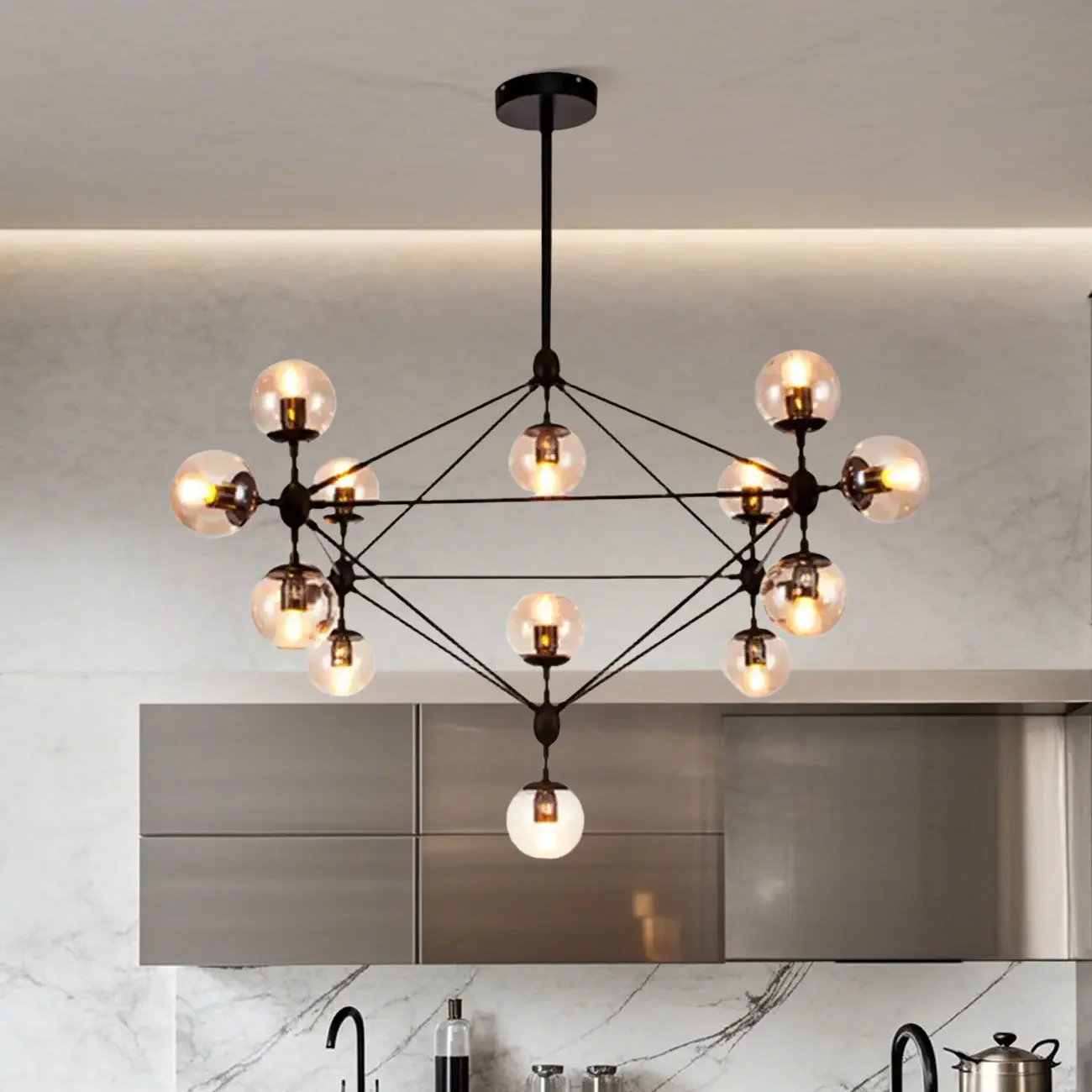 Industrial Black Globe Chandelier with Cognac Glass Shades