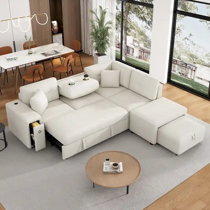 Roomfitters Sectional Sofa L-Shaped Pull-Out Bed with Movable Ottoman, Two USB Ports, and Cup Holders for Living Room
