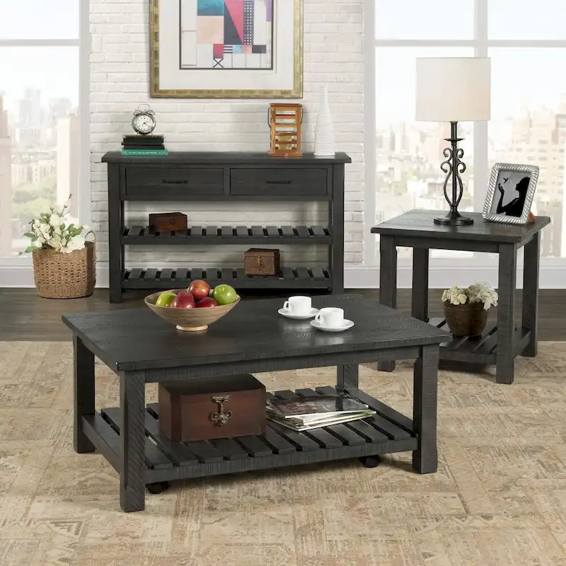 Farmhouse Coffee Table with Bottom Shelf, Grey/Espresso/White/Black/Honey, Pine Wood