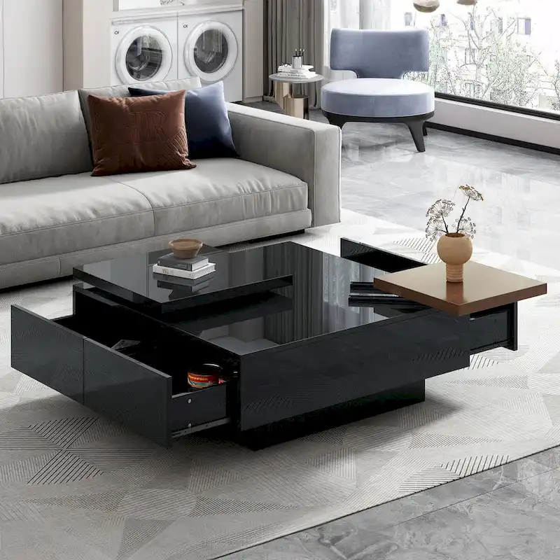 Modern Square Wood Coffee Table with Movable Top 4 Hidden Storage Drawers High Gloss MDF 31.5-40.9 Inch