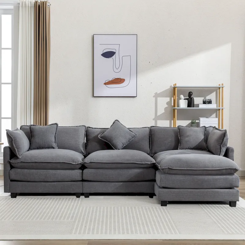 Roomfitters L-Shaped Chenille Upholstered Sofa with Ottoman and 5 Pillows, Modern Luxury Couch for Living Room