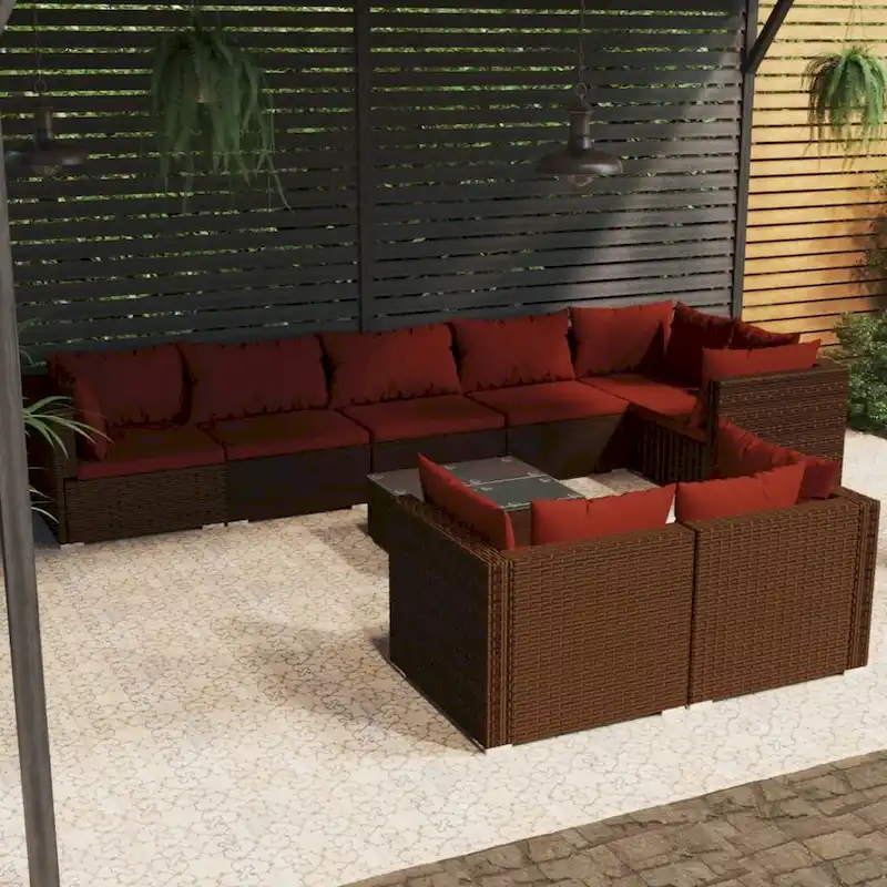 vidaXL Patio Lounge Set with Cushions Brown Poly Rattan - 27.6  x 27.6  x 24  - 27.6  x 27.6  x 24