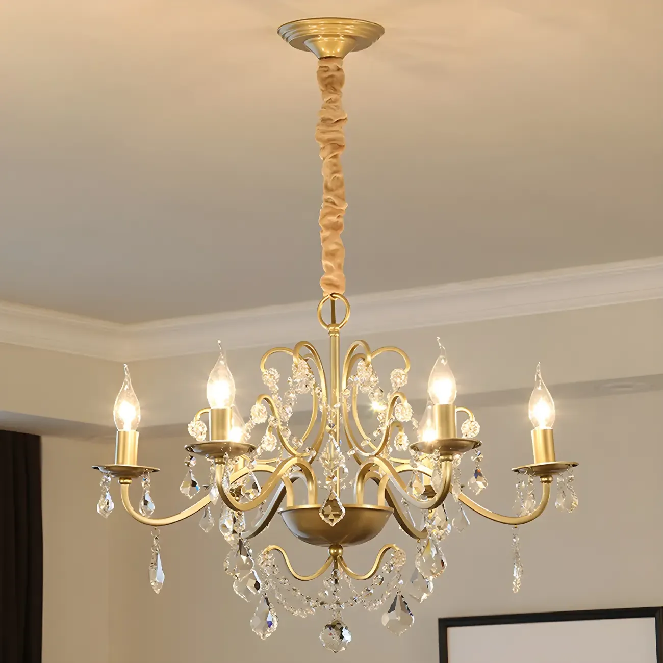 French Curved Arms Gold Crystal Candelabra Chandeliers