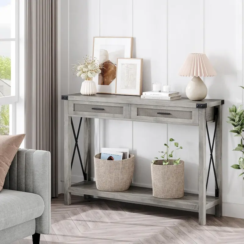 Console Table with Rattan Drawers, Farmhouse Sofa Table