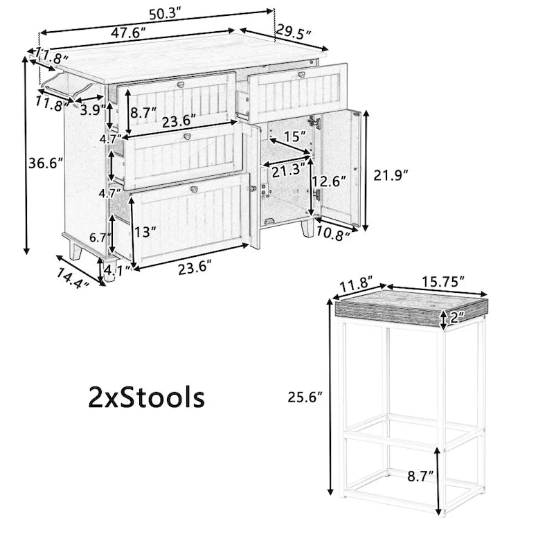 Farmhouse Kitchen Island Set with Drop Leaf Top and 2 Seatings