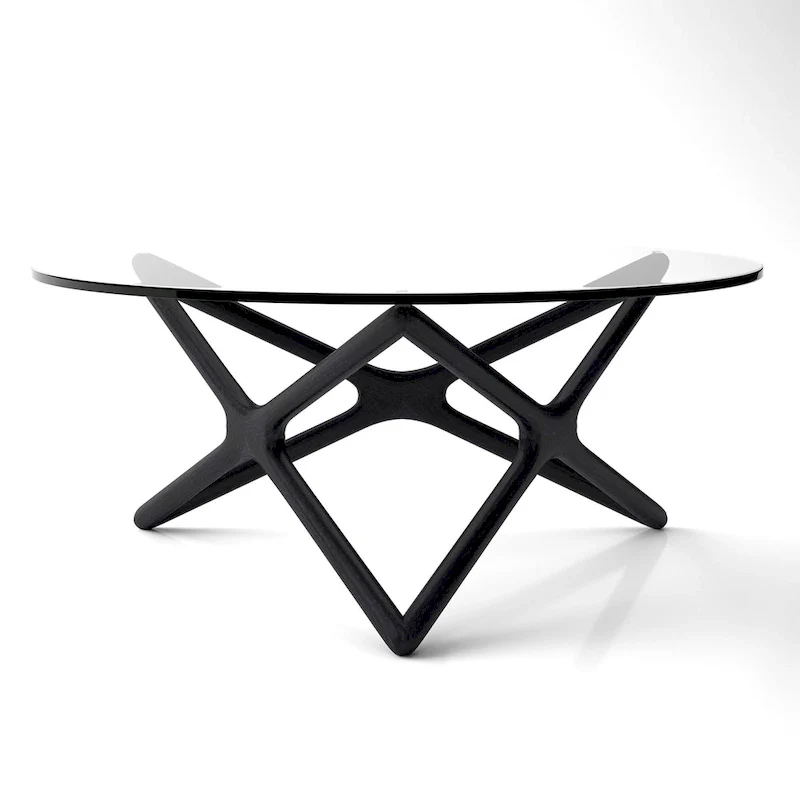 Coffee Table - 39.5 Tempered Glass Top, American Ash Wood, 6-Point Cross Base, Modern Design